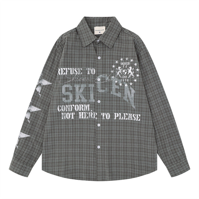 Men's oversized plaid long-sleeve button-down shirt with distressed streetwear graphic print in grey-green plaid