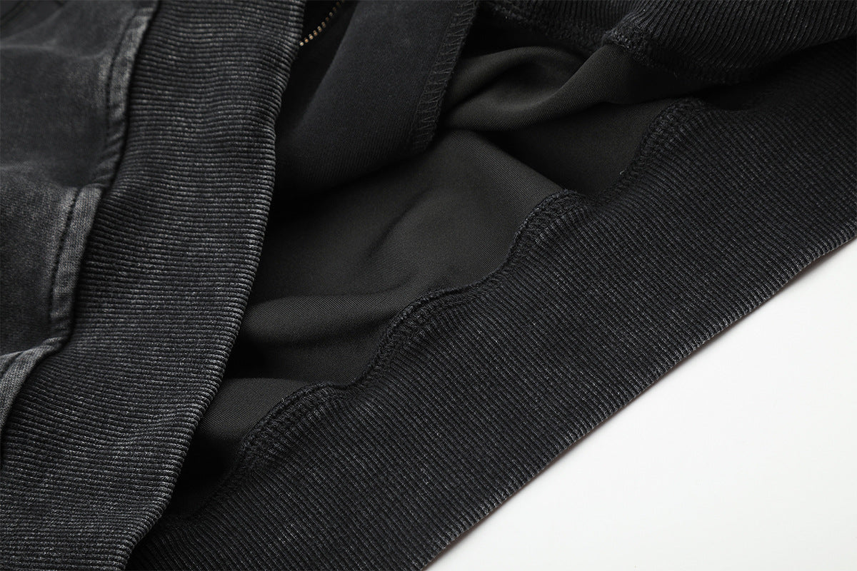 Sudadera con capucha y cremallera de lavado ácido con paneles de camuflaje – Chaqueta streetwear oversize con cruz