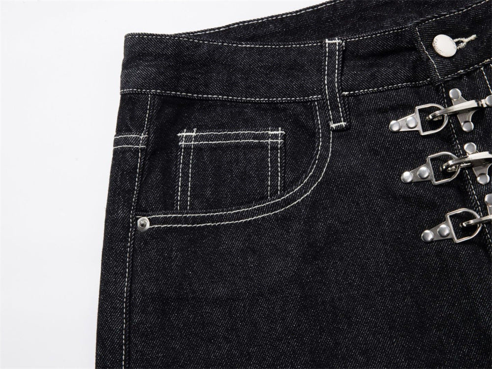 Black Wide-Leg Jeans – Metal Hook Closure & Contrast Stitching Streetwear Denim