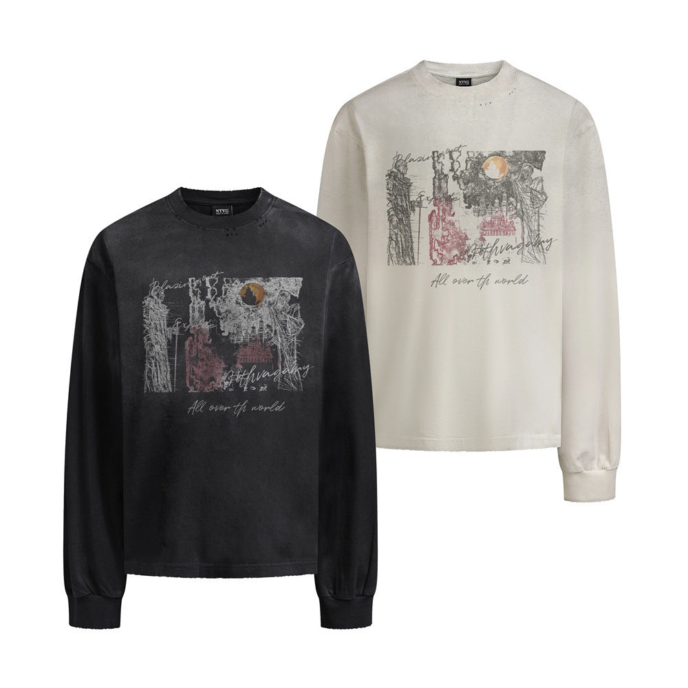 T-shirt homme manches longues graphique graffiti abstrait – Coton délavé, effet usé