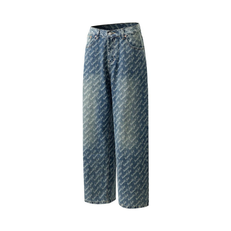 Men's Wide-Leg Jeans – Allover Script Letter Print, Loose Straight Fit