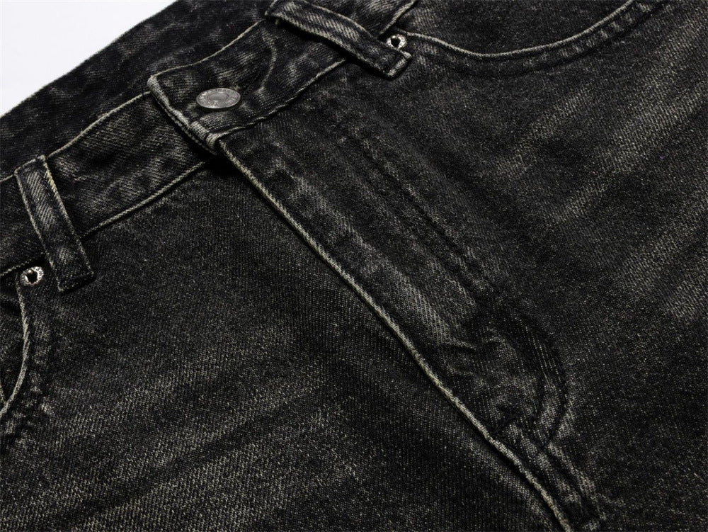 Baggy Straight Leg Jeans – Men's Vintage Washed Distressed Black Wide-Leg Denim