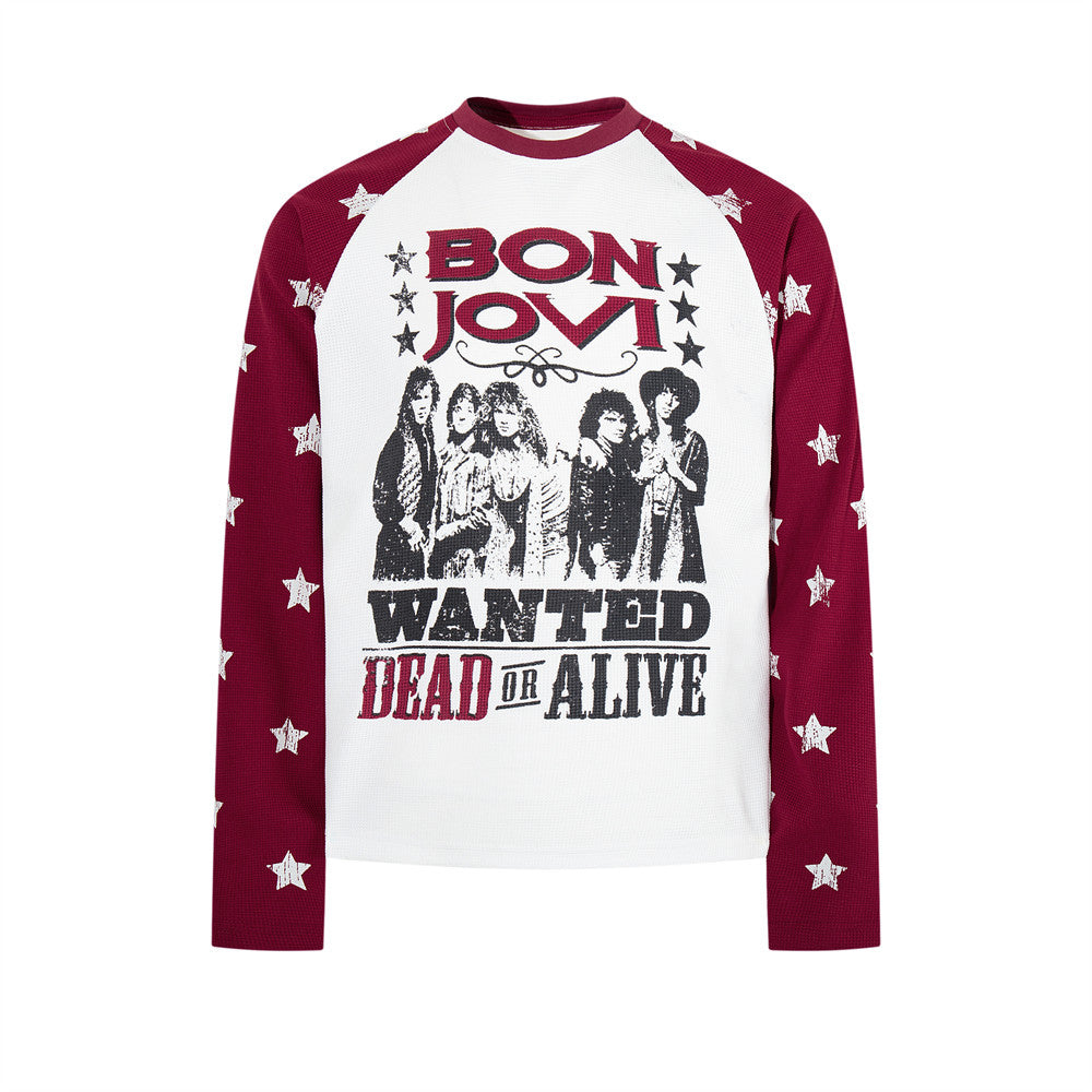 Men's Bon Jovi Wanted Dead or Alive long sleeve raglan shirt with burgundy star-print sleeves and waffle-knit body