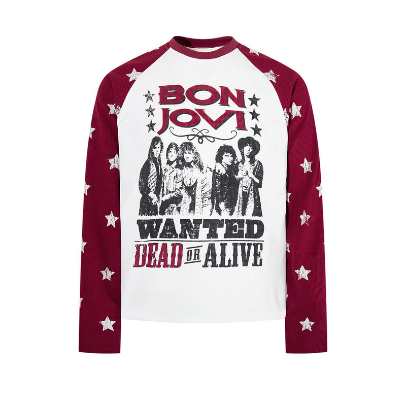 Men's Bon Jovi Wanted Dead or Alive long sleeve raglan shirt with burgundy star-print sleeves and waffle-knit body