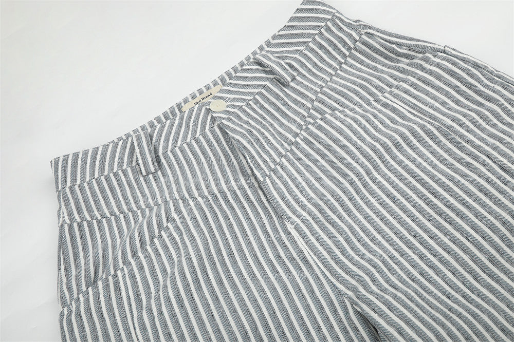 Wide-Leg Striped Pants with Curved Arc Pocket Design