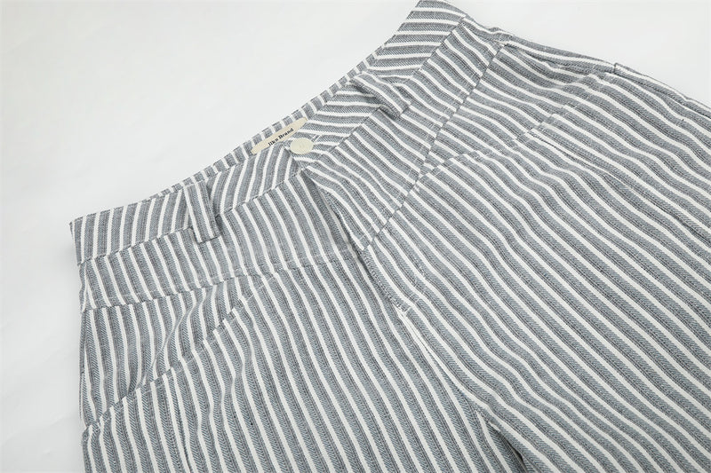 Wide-Leg Striped Pants with Curved Arc Pocket Design