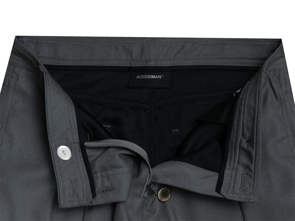 Wide-Leg Pleated Trousers – Diagonal Button Fly, Relaxed Silhouette