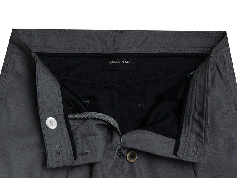 Wide-Leg Pleated Trousers – Diagonal Button Fly, Relaxed Silhouette