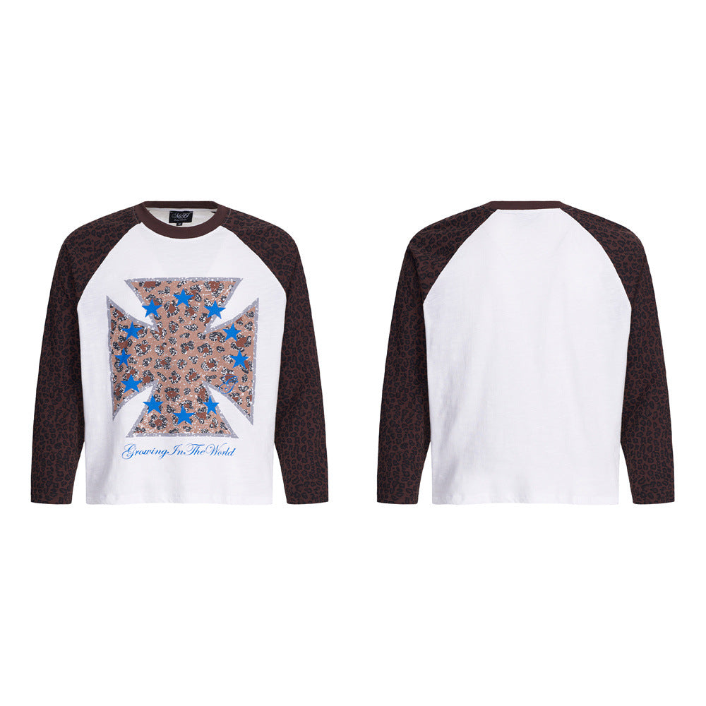 Men's Long Sleeve Raglan T-Shirt – Leopard Print Sleeves & Iron Cross Graphic