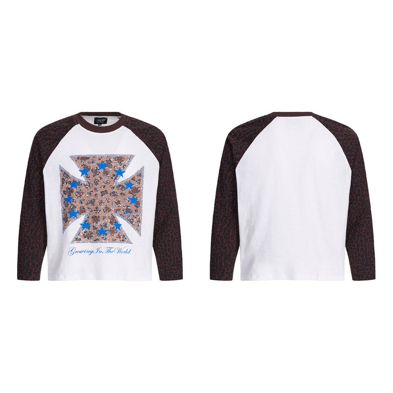 Men's Long Sleeve Raglan T-Shirt – Leopard Print Sleeves & Iron Cross Graphic