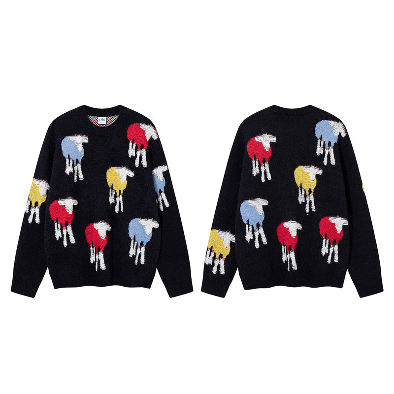Colorful Sheep Jacquard Crew Neck Sweater – Relaxed Fit Knit