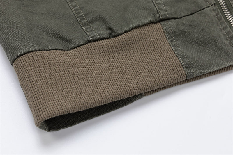 Men's Army Green Vintage Workwear Bomber Jacket – Stand Collar, Zip-Up, Ribbed