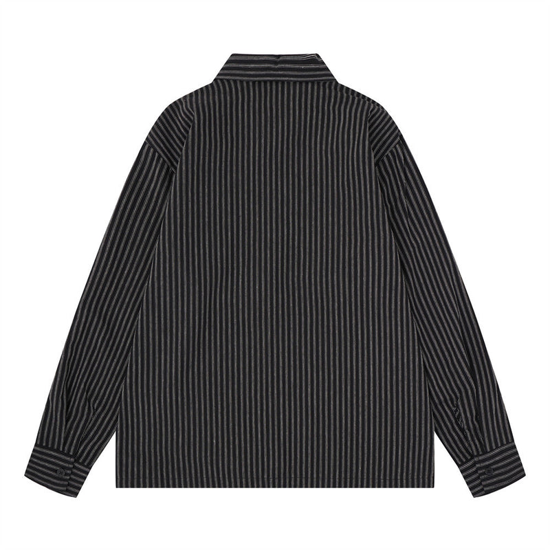 Black striped long sleeve shirt shown from the back with straight hem and button cuffs