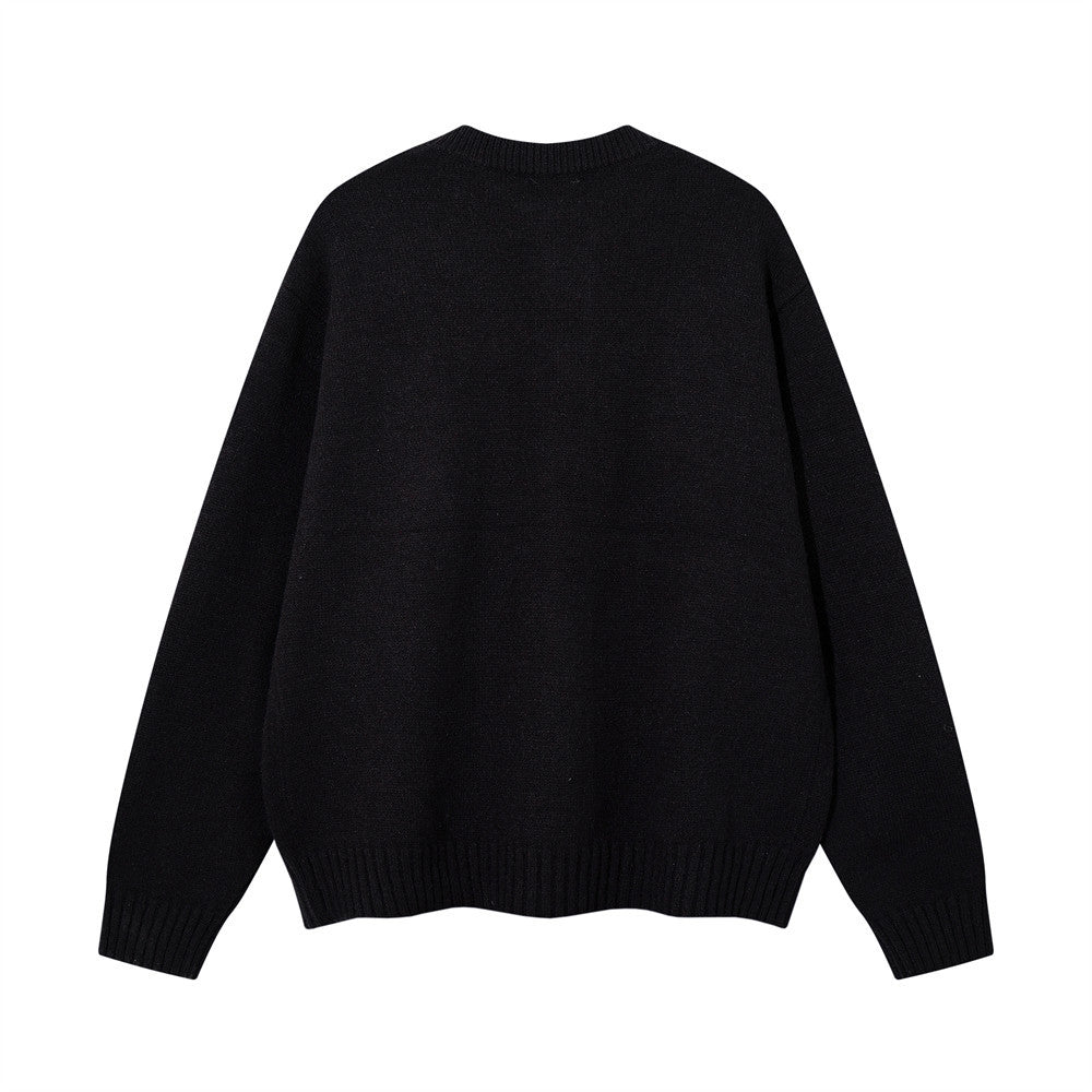 Oversized Knit Cardigan Sweater with Gothic Graphic Embroidery and Fringe Trim