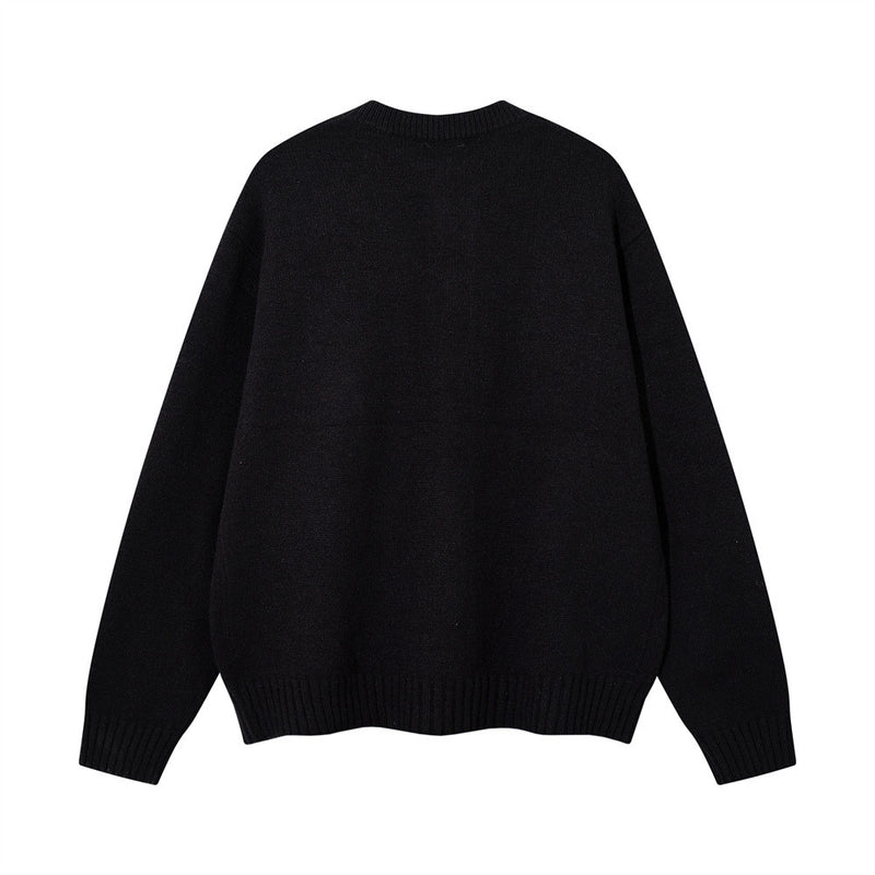 Oversized Knit Cardigan Sweater with Gothic Graphic Embroidery and Fringe Trim