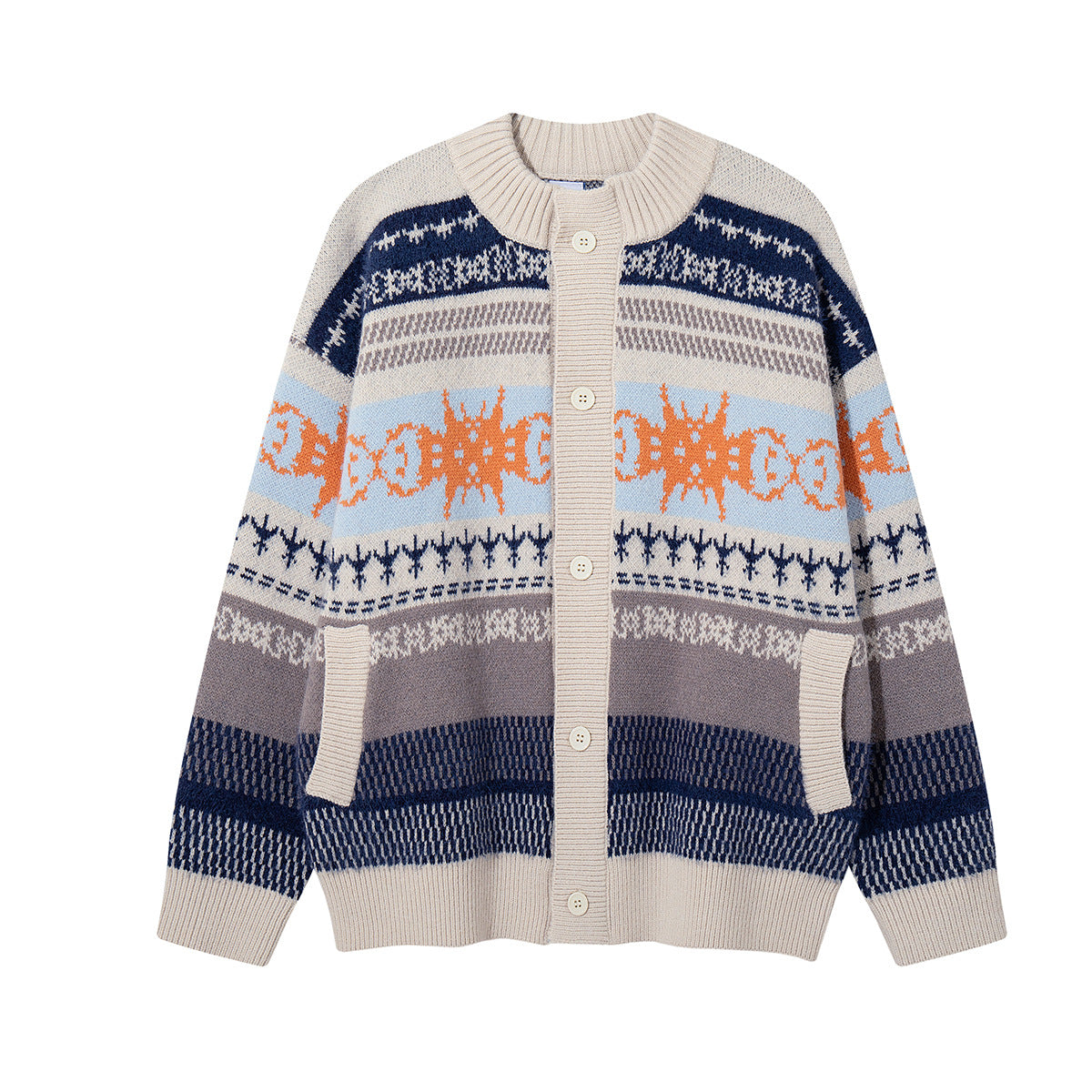 Oversized Fair Isle jacquard knit cardigan in apricot with orange celestial motifs and navy stripe bands, front view