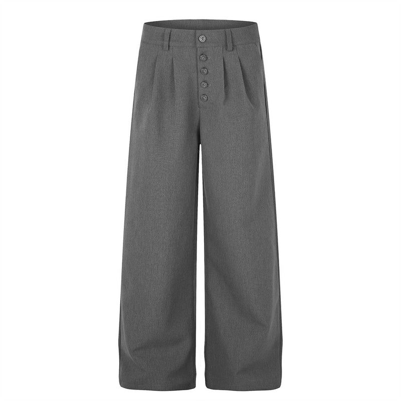 Wide-Leg Pleated Dress Pants with Metal Button Fly