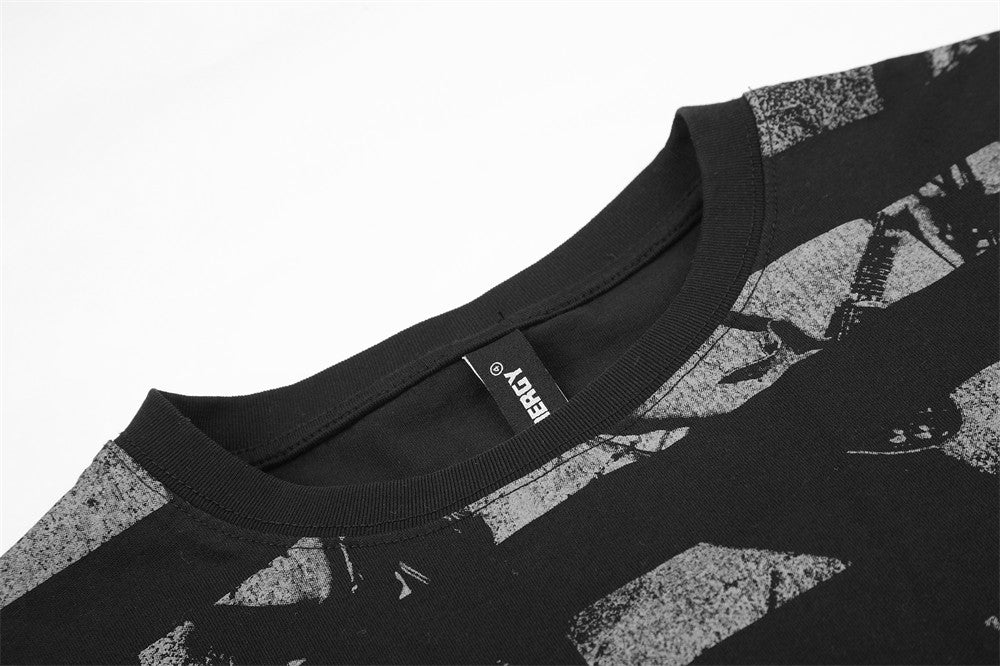 Men's Long Sleeve Graphic Tee – Black Stripe & Star Print Crew Neck
