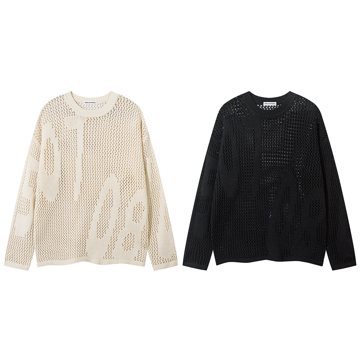 Beige Crew Neck Sweater Open-Knit Mesh Oversized Pullover