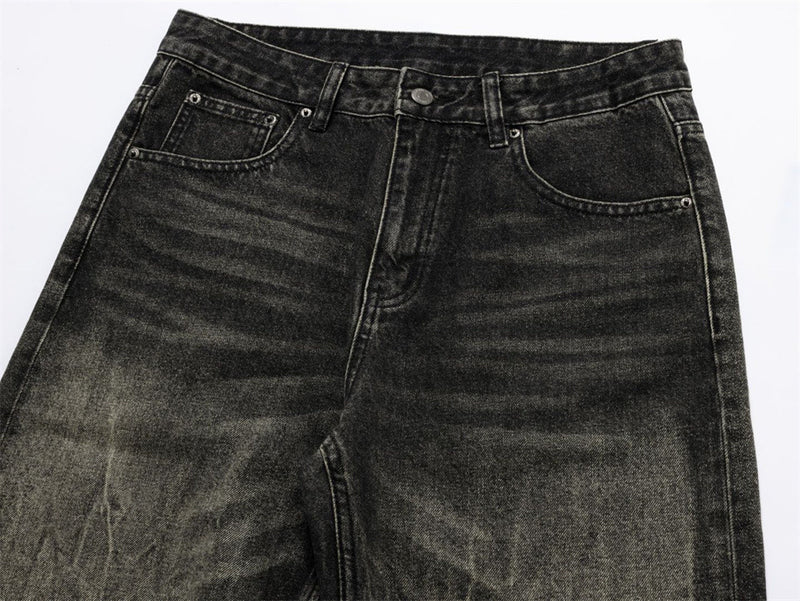 Baggy Straight Leg Jeans – Men's Vintage Washed Distressed Black Wide-Leg Denim