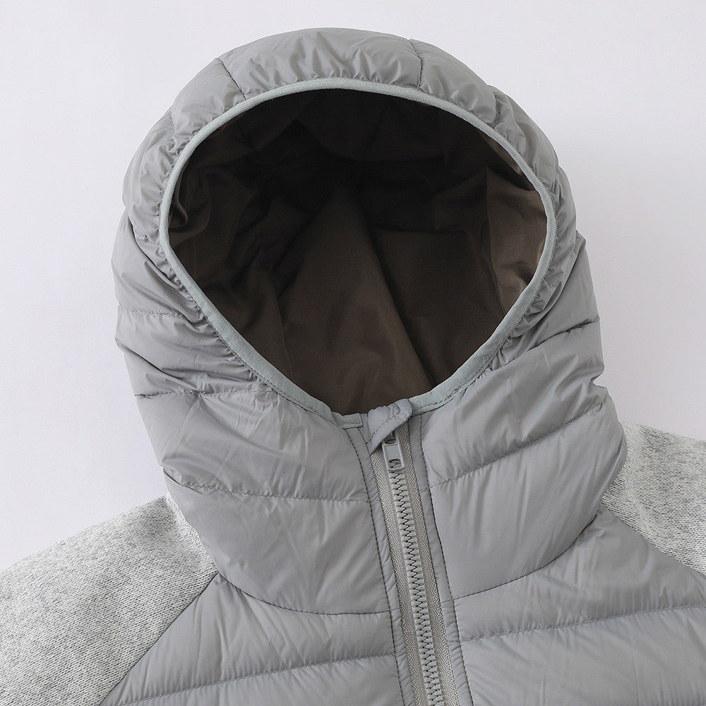 Graue Herren-Hybridjacke mit Kapuze, Reißverschluss und Steppoptik – Strickärmel