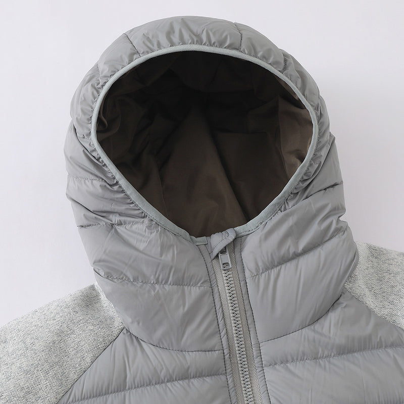 Graue Herren-Hybridjacke mit Kapuze, Reißverschluss und Steppoptik – Strickärmel
