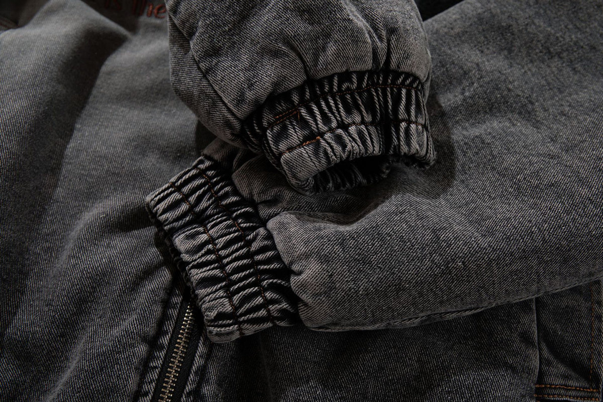 Washed Denim Padded Hoodie Jacket with Embroidered Logo & Sherpa Collar