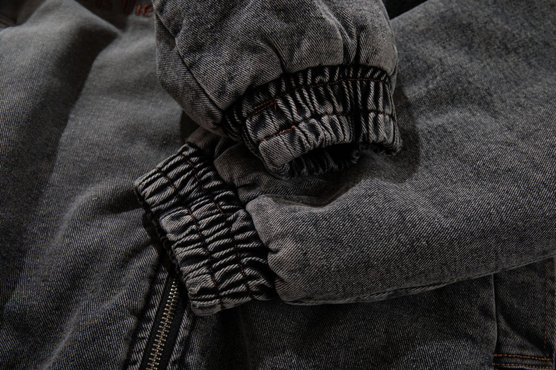 Washed Denim Padded Hoodie Jacket with Embroidered Logo & Sherpa Collar