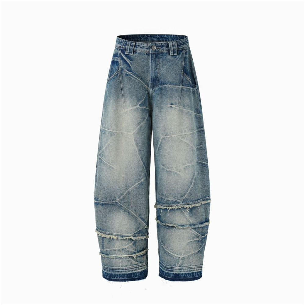 Loose Fit Baggy Jeans Men – Distressed Patchwork Wide-Leg Denim with Raw-Edge