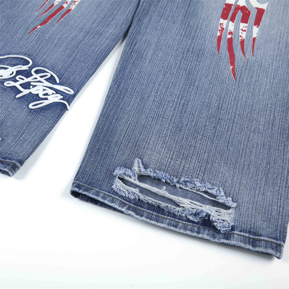 Wide-Leg Jeans Men's Washed Denim with Tribal Wing Graphic Print