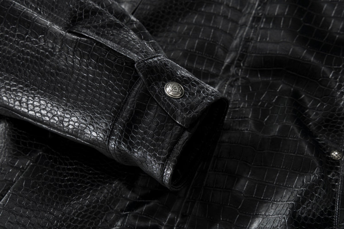 Croc-Embossed Faux Leather Bomber Jacket with Fur Collar