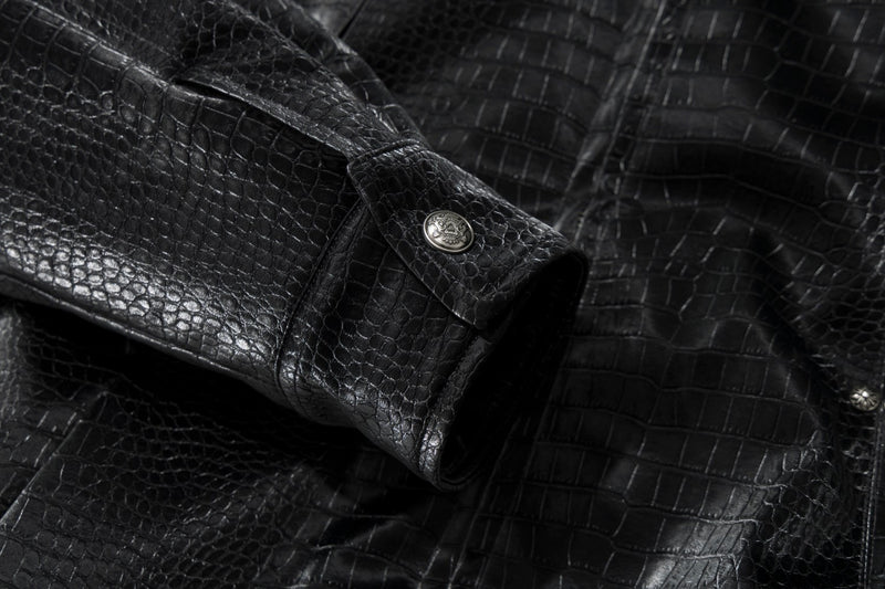 Croc-Embossed Faux Leather Bomber Jacket with Fur Collar