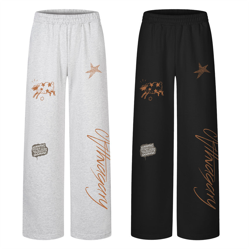 Men's Wide-Leg Sweatpants with Cartoon Graphic Print & Elastic Waist