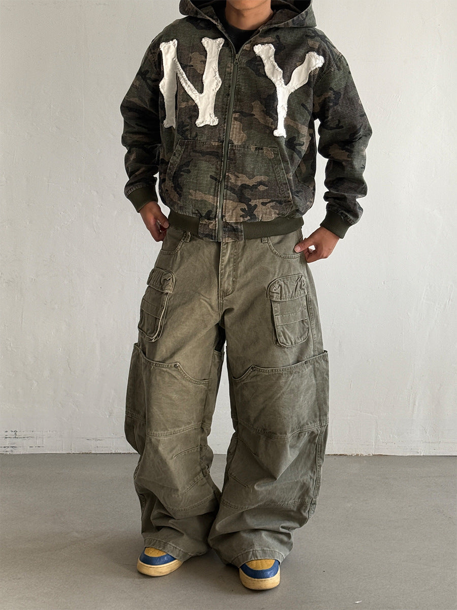Camo NY Zip-Up Hoodie Jacket with Chenille Patch Letters