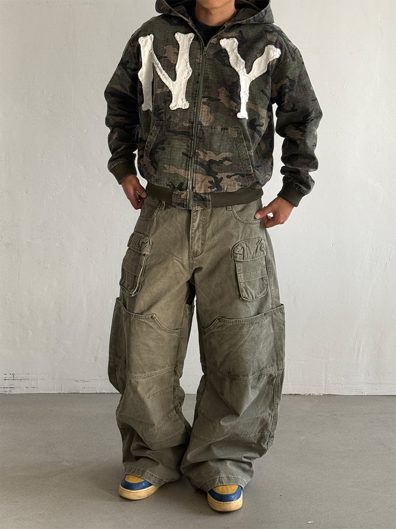 Camo NY Zip-Up Hoodie Jacket with Chenille Patch Letters