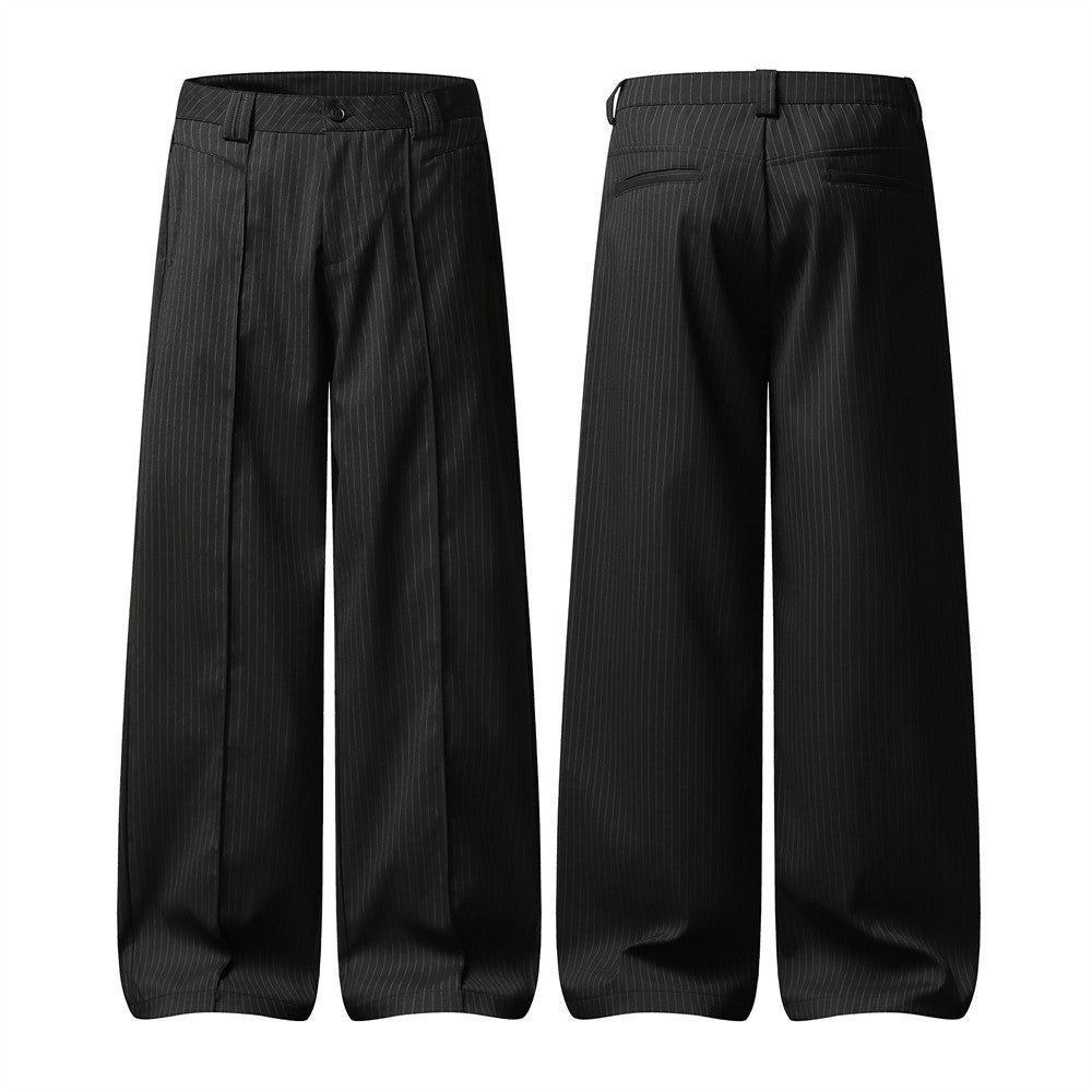 Black Pinstripe Wide-Leg Trousers – Pleated Relaxed Fit Dress Pants