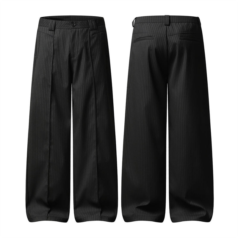 Black Pinstripe Wide-Leg Trousers – Pleated Relaxed Fit Dress Pants