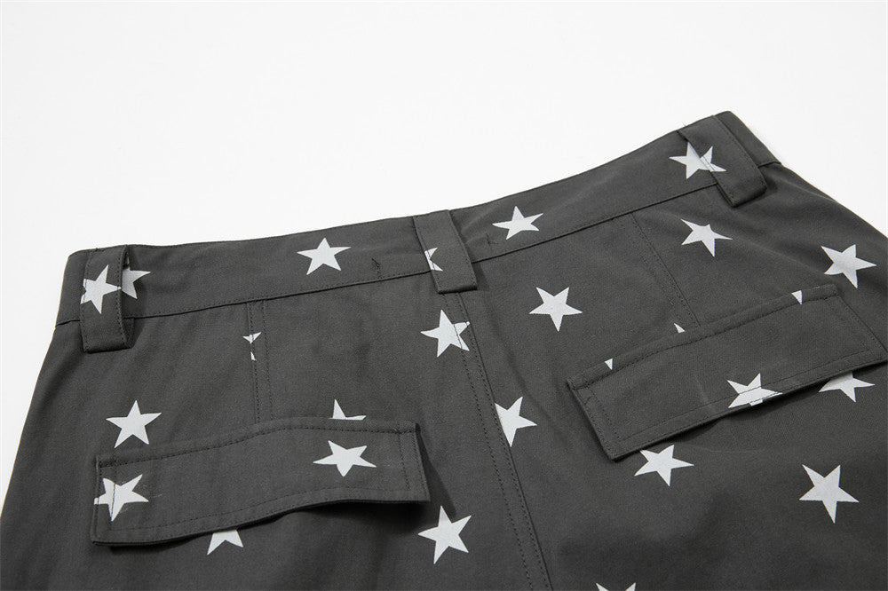 Star Print Wide-Leg Cargo Pants – Relaxed Fit Parachute Trousers