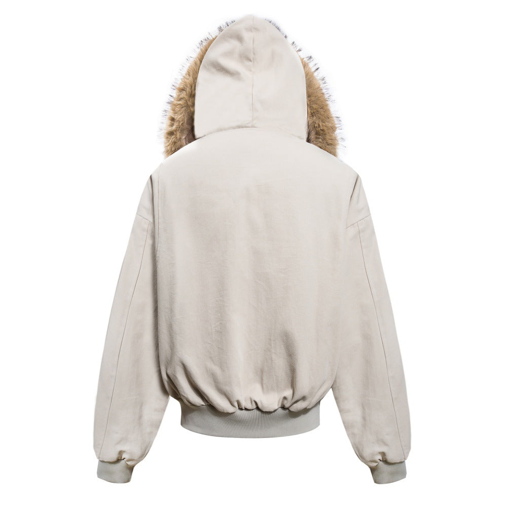 Fur-Trim Hooded Bomber Jacket – Fleece-Lined Winter Coat with Removable Hood