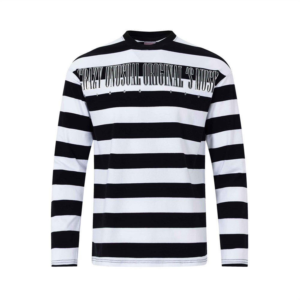 Men's bold black and white horizontal stripe long-sleeve t-shirt with arched graphic letter print on chest