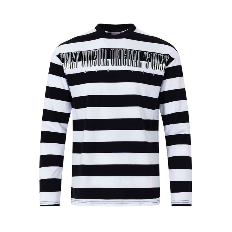 Men's bold black and white horizontal stripe long-sleeve t-shirt with arched graphic letter print on chest