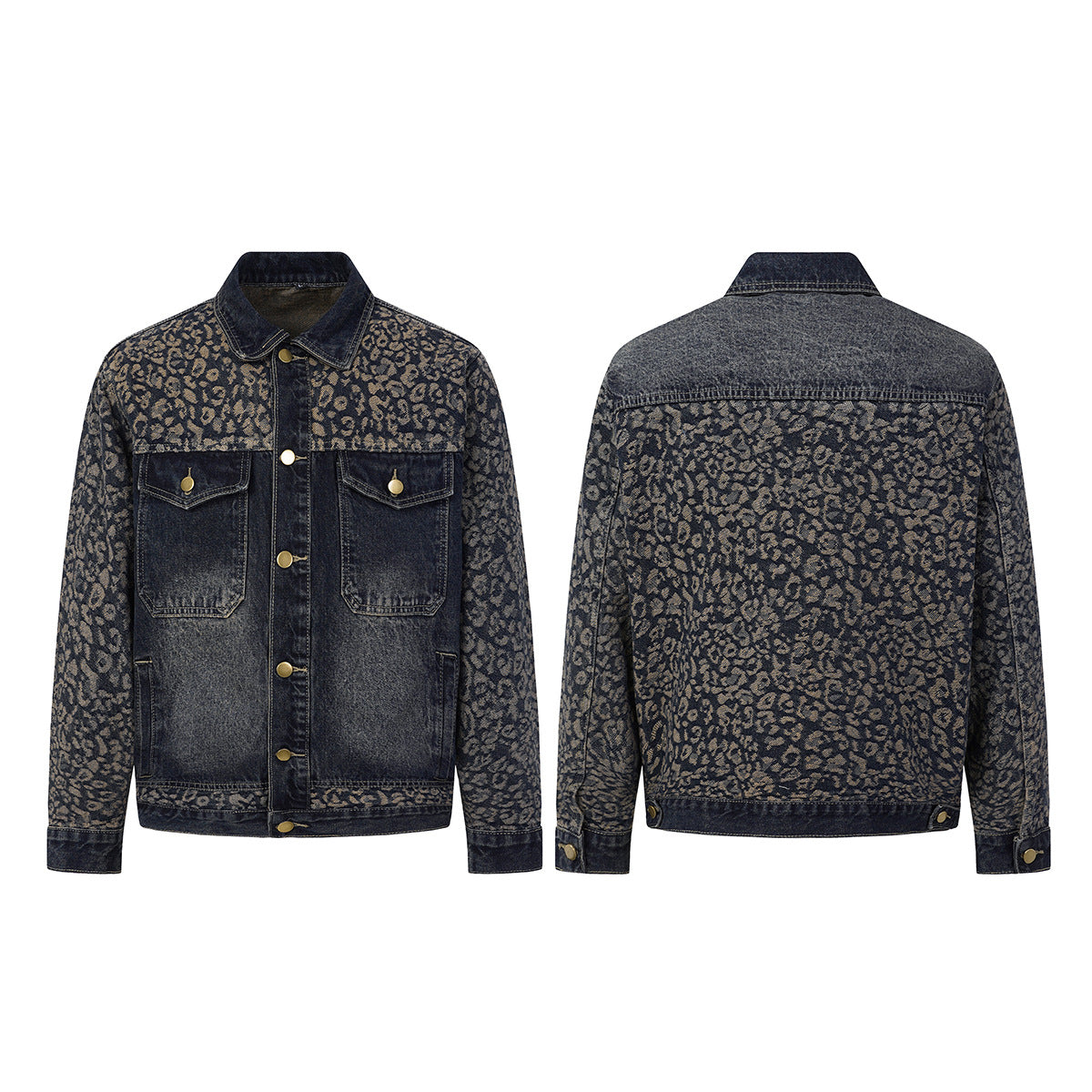 Veste en jean à imprimé léopard – Veste trucker patchwork délavée à col à pointes