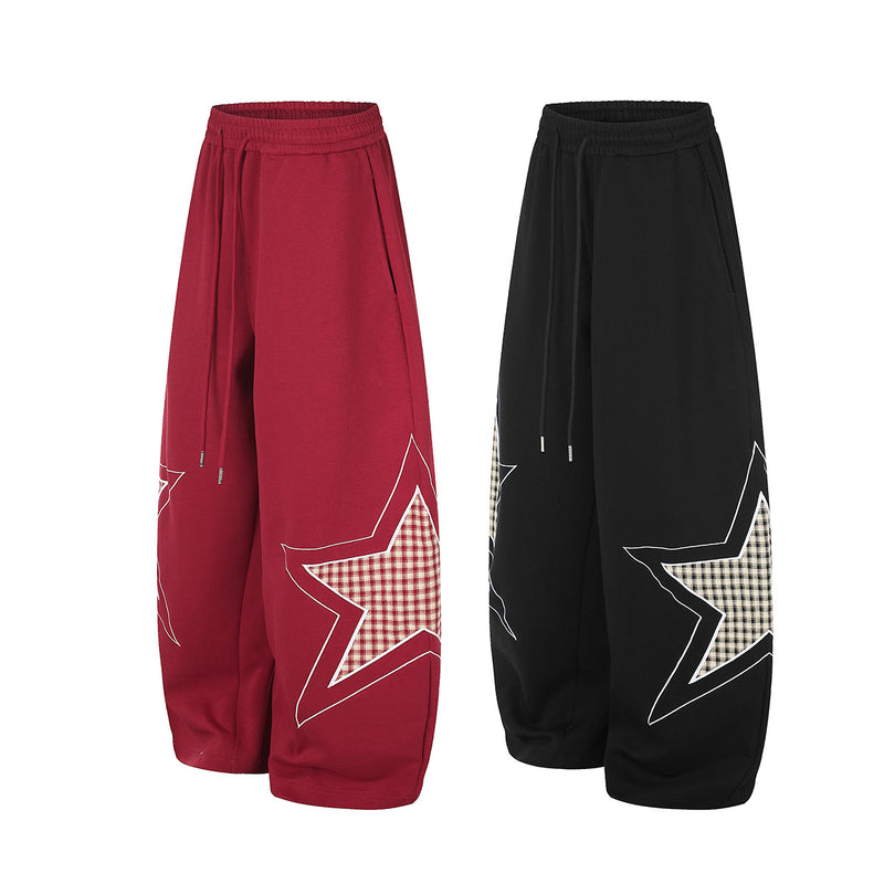 Wide-Leg Star Patch Sweatpants – Oversized Streetwear Joggers with Plaid