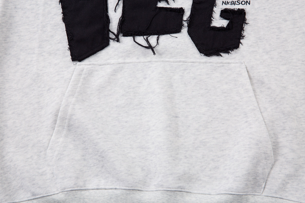 DEG Patch Letter Oversized Hoodie – Frayed Appliqué Streetwear Pullover