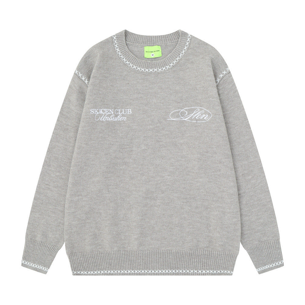 Crew Neck Sweater Men's Oversized Embroidered Knit Pullover