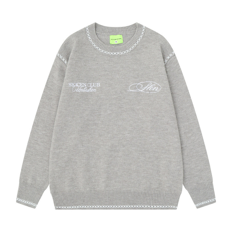 Crew Neck Sweater Men's Oversized Embroidered Knit Pullover