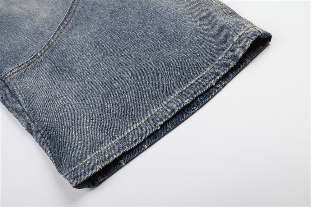 Vaqueros cargo de pierna ancha para hombre: denim lavado con cintura de punto y bolsillos laterales