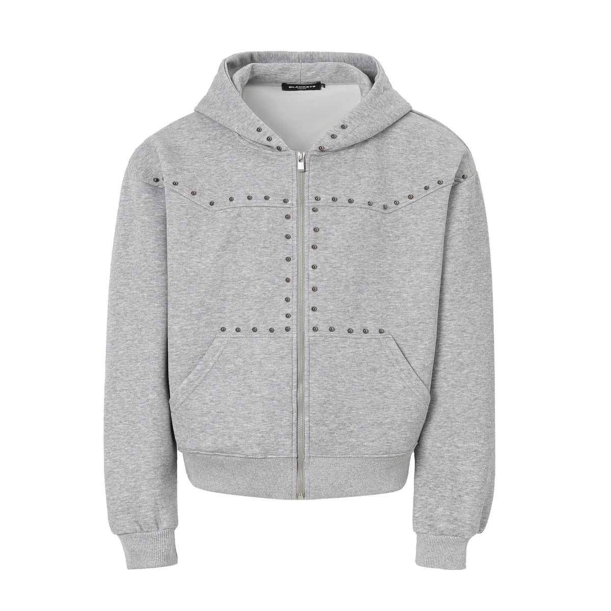 Oversized heavyweight zip-up hoodie with silver metal stud panel detailing in Heather Grey, front view
