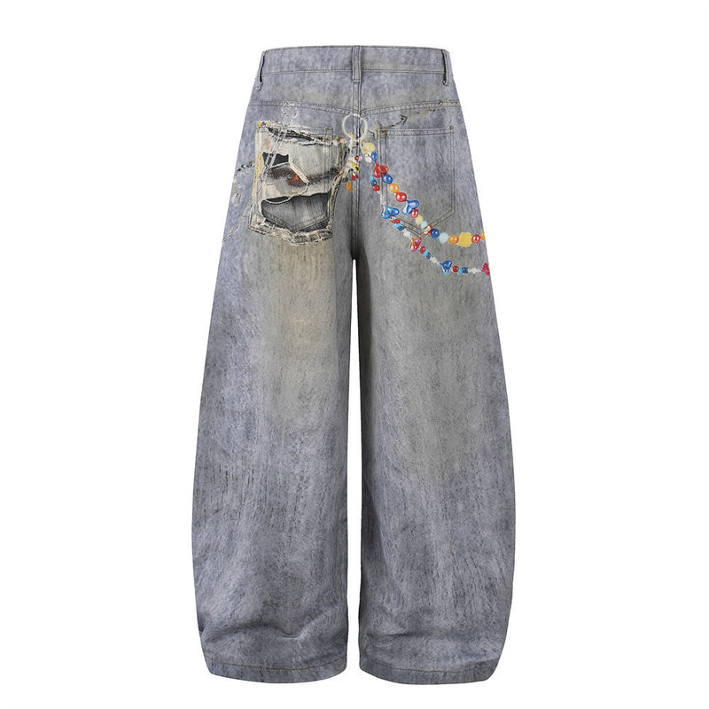 Wide-Leg Distressed Jeans – Digital Print Charms & Ripped Washed Denim