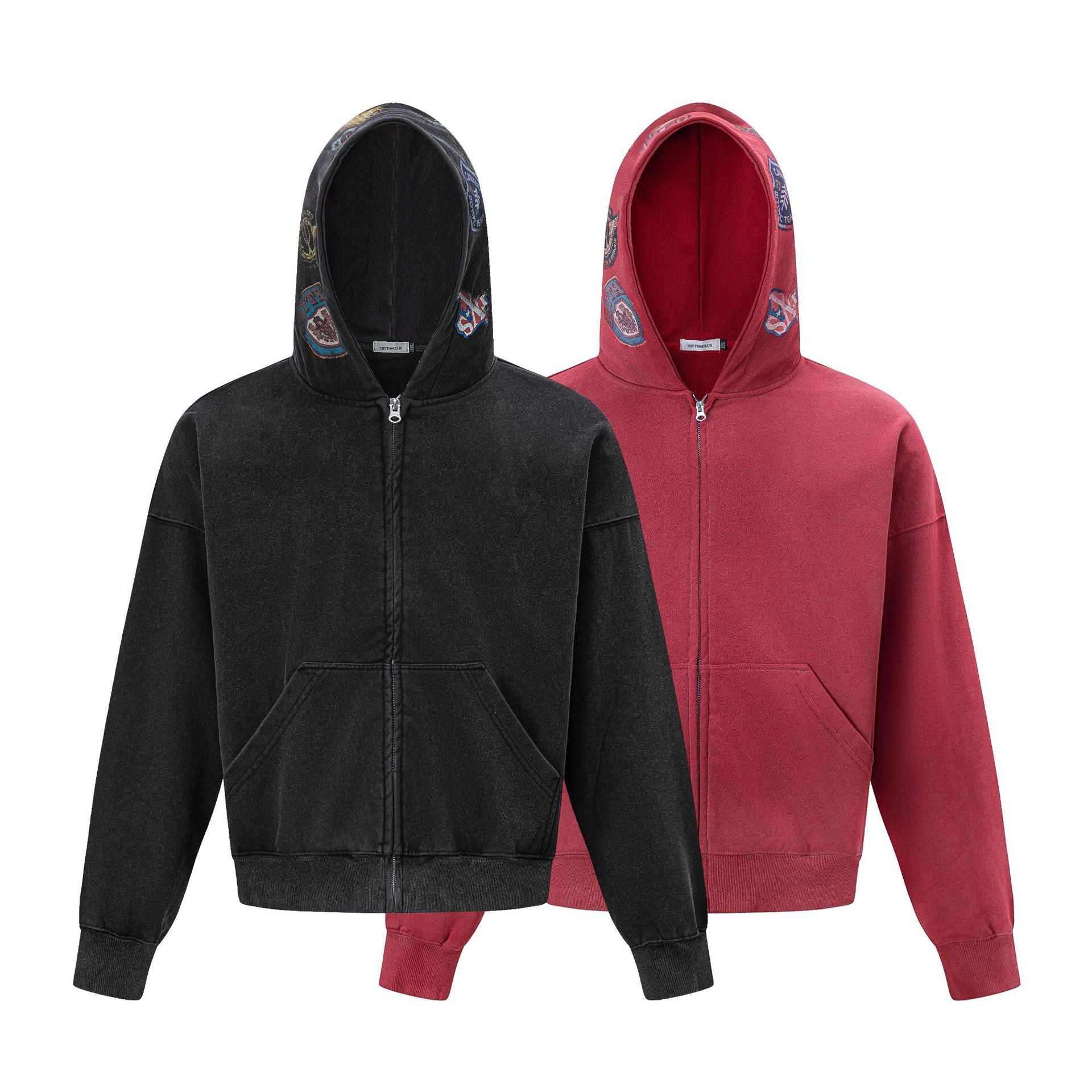 Sweat à capuche zippé carré à écussons brodés – Hoodie streetwear acid-wash